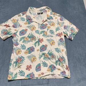 Jurassic World Hawaiian Shirt Mens 2XL Beige Tropical Floral Chest Pocket Beach